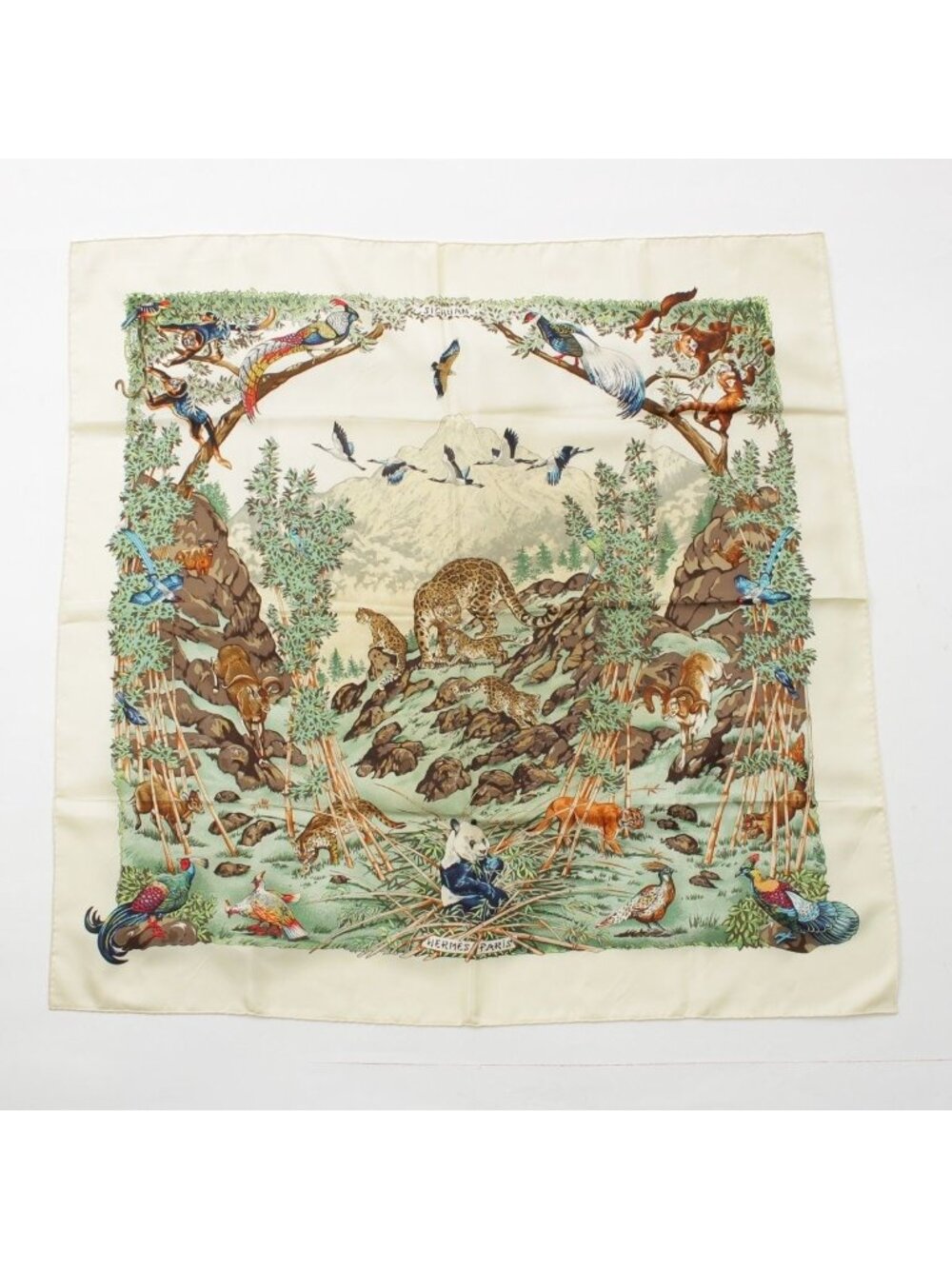 Hermes Carre 90 Sichuan Silk Scarf White Multicolor